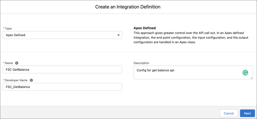 FSC integration definition get balance
