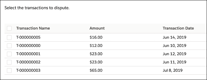 A multi-select table component with five rows