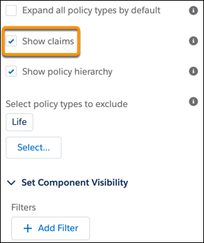 Image showing the Show claims option for the Policy component