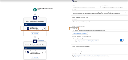 Updating the Action field in the orchestrator with the name of the new flow