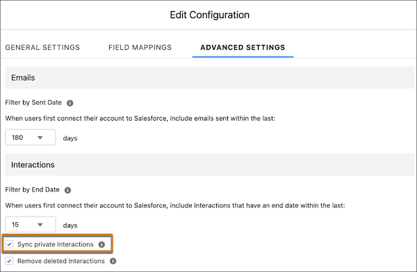 Sélection du paramètre de synchronisation des interactions privées avec Salesforce
