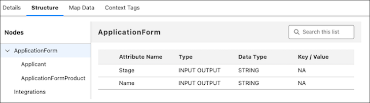 Oggetto ApplicationForm definito in Servizio contesto con attributi Fase e Nome.