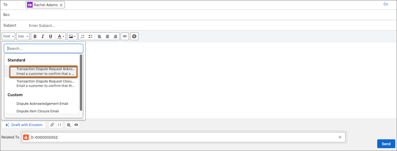 Seleziona modello di prompt Email di conferma della richiesta di contestazione transazione