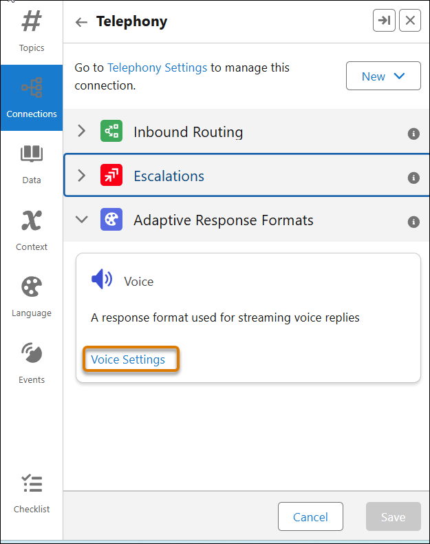 Telephony connection with voice settings highlighted