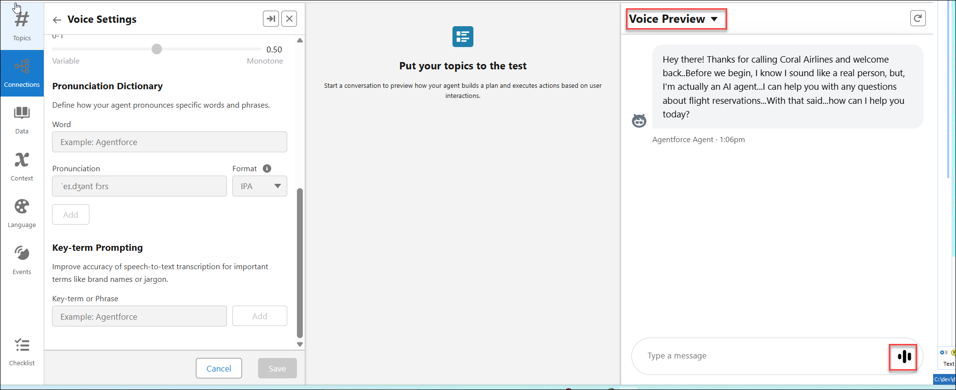 voice settings page showing the voice preview panel and the voice button highlighted.