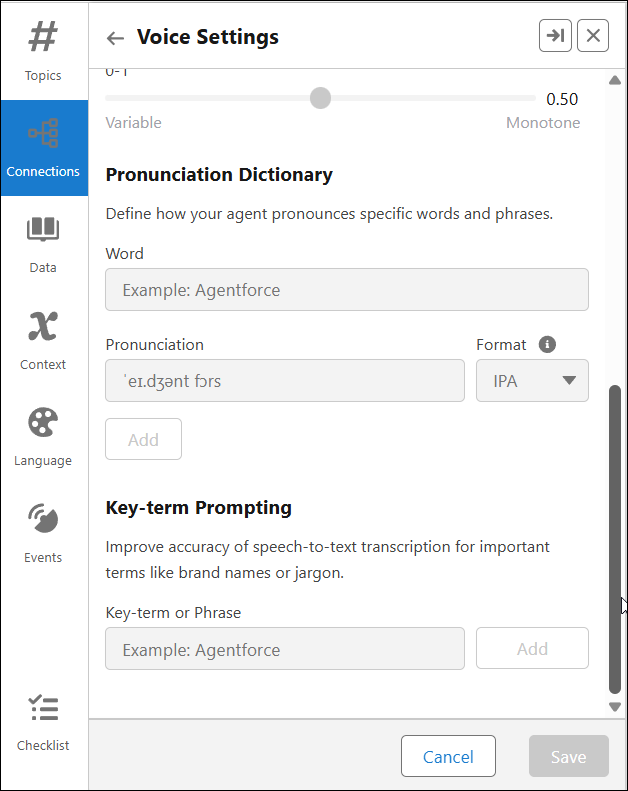 voice settings page showing pronunciation dictionary and keyterm prompting settings.