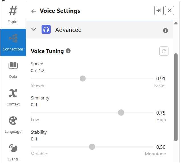 Voice settiings page with tuning options expanded