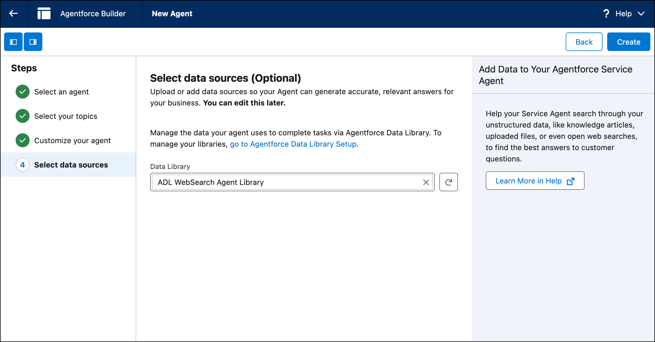 Agent builder data tab with a web search data library selected.