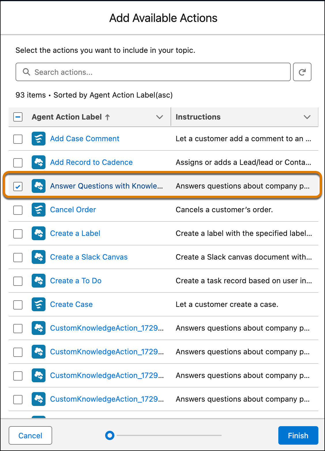 Add available actions with the Answer Questions with Knowledge action highlighted,