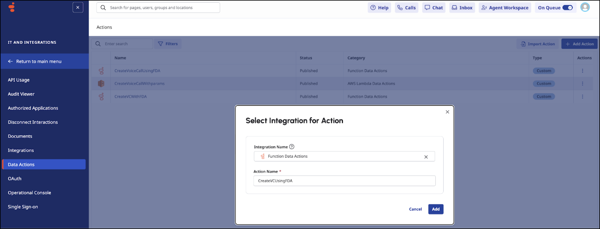 The Function Data Actions integration is selected.