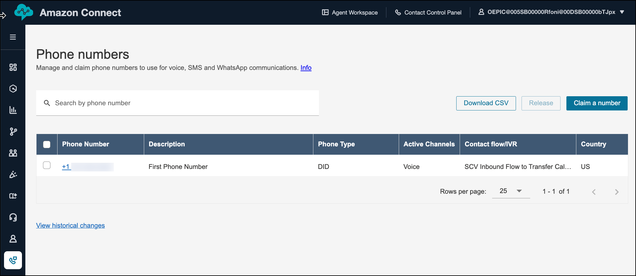 Denne siden viser alle telefonnumre for Amazon Connect-forekomsten.