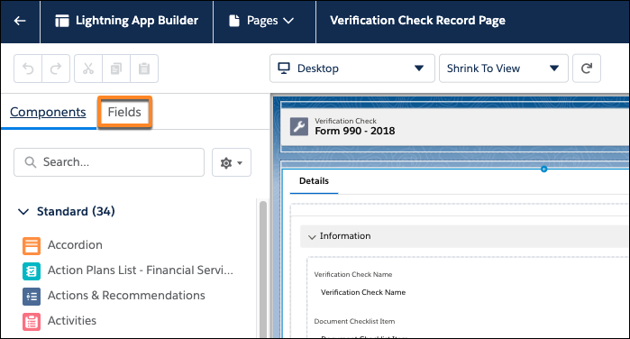 Click the Fields tab in Lightning App Builder.