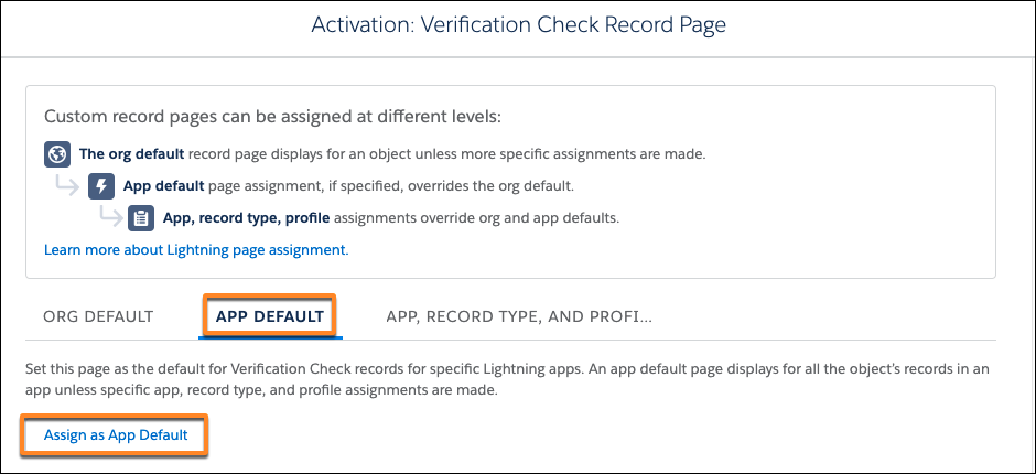 Assign the Verification Check Record Page as the app default.