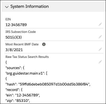 An example of the Raw Tax Status Search Results when added to the Verification Check layout.