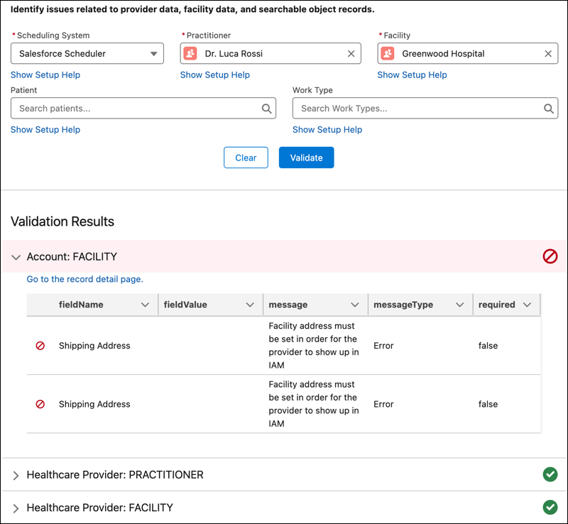 Health Cloud Troubleshooter-Validierungsergebnisse mit fehlenden Accounteinrichtungsdaten