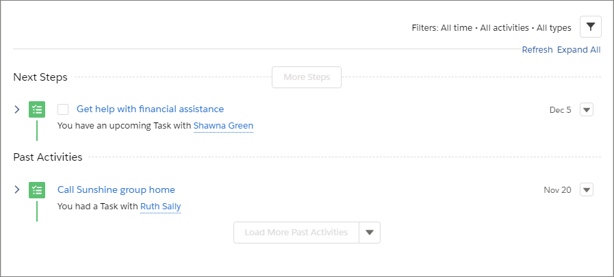 Screenshot of the activity timeline showing current and past tasks