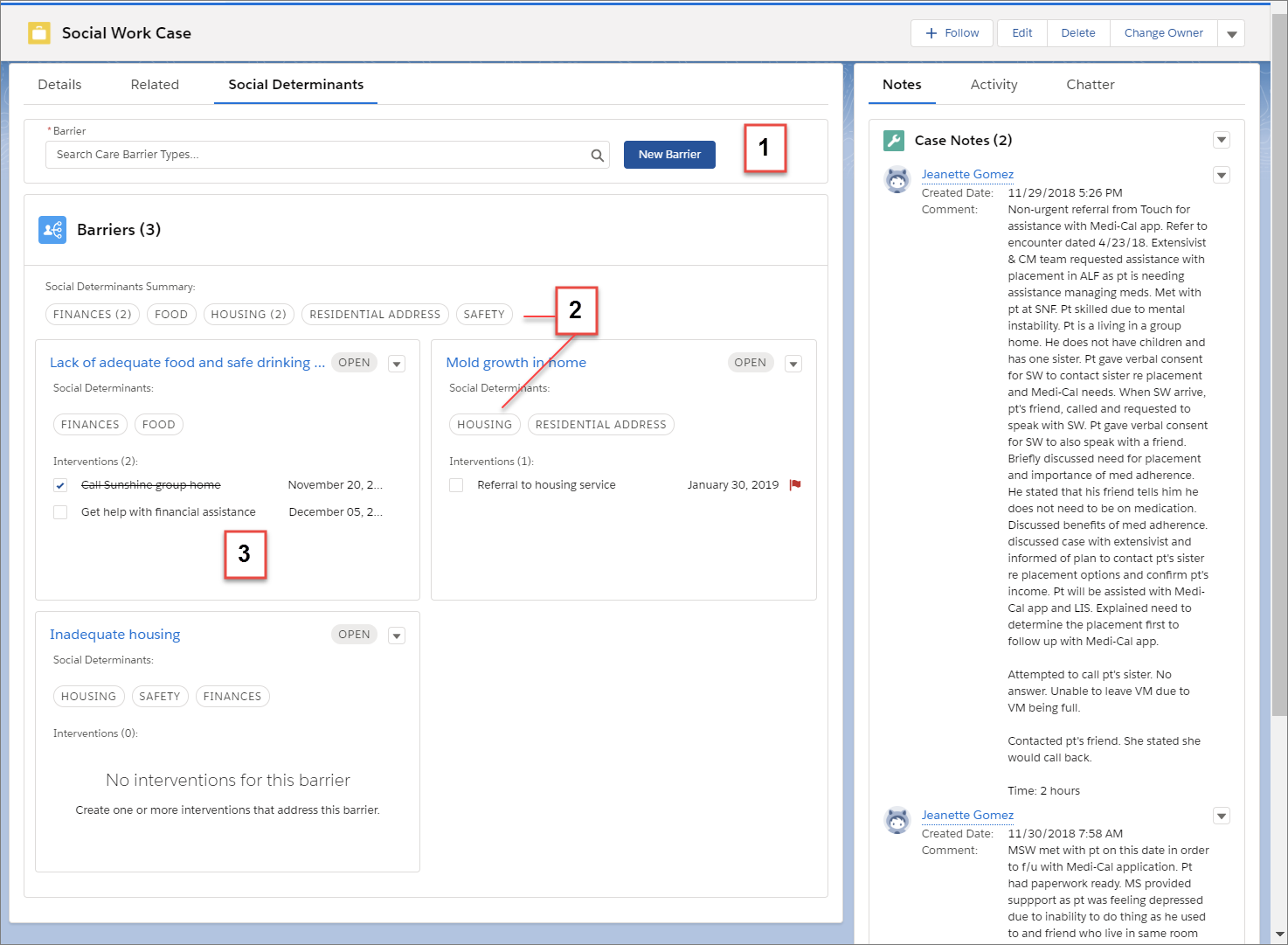 Screenshot of the Care Barriers component with barriers, determinants, and intervention tasks.