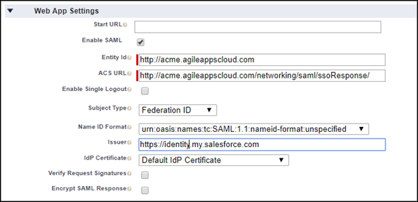 web app settings for the connected app