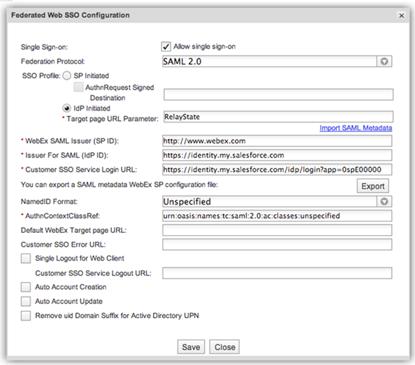 webex federated SSO SAML settings