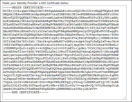 ingresar el contenido de su certificado de proveedor de identidad de Salesforce