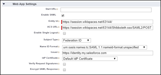 Ajustes de aplicación web de la aplicación conectada.