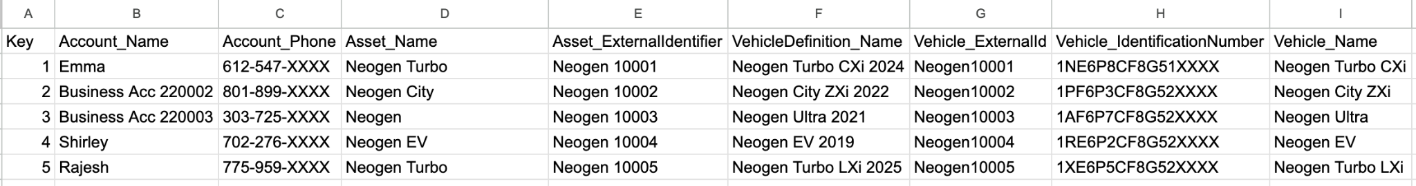 CSV-Formatbeispiel für Vermögenswert- und Fahrzeugdaten