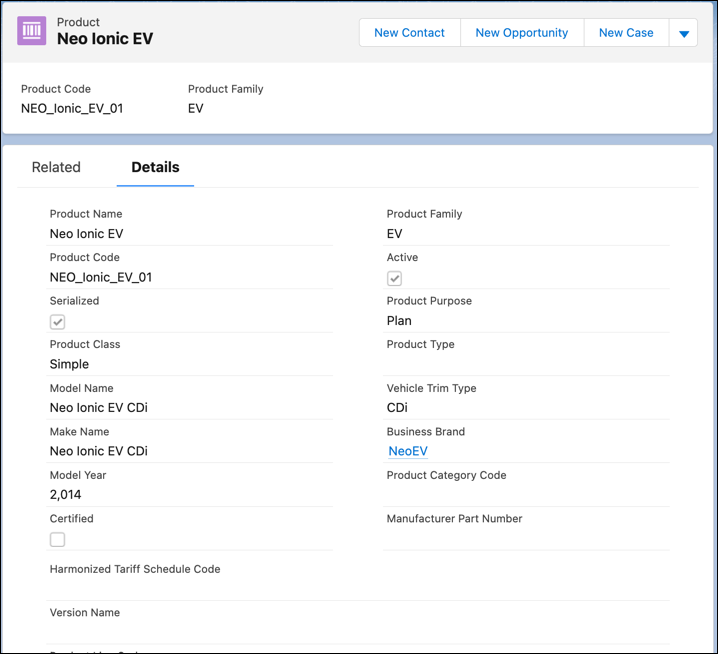 A product record for a vehicle model.