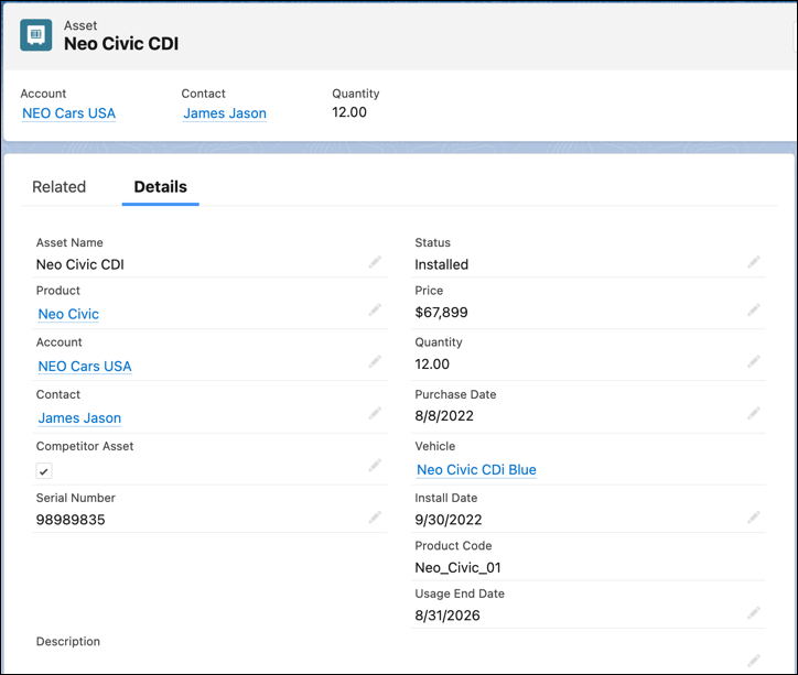 An Asset record with a related Vehicle lookup.