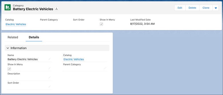 A product category record with an associated catalog.