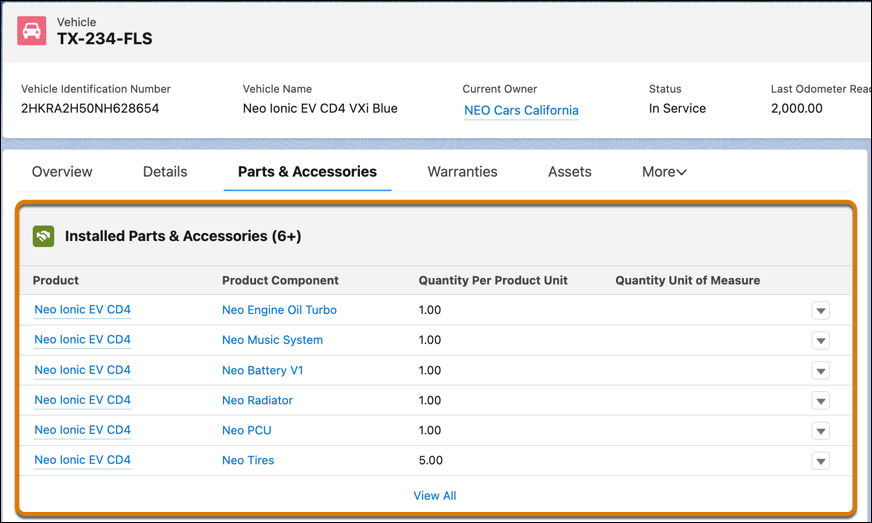 Product related materials showing up as installed parts and accessories on a Vehicle record.