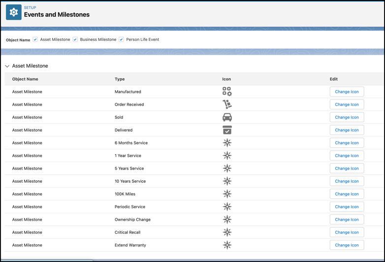 Events and Milestones Icons page.