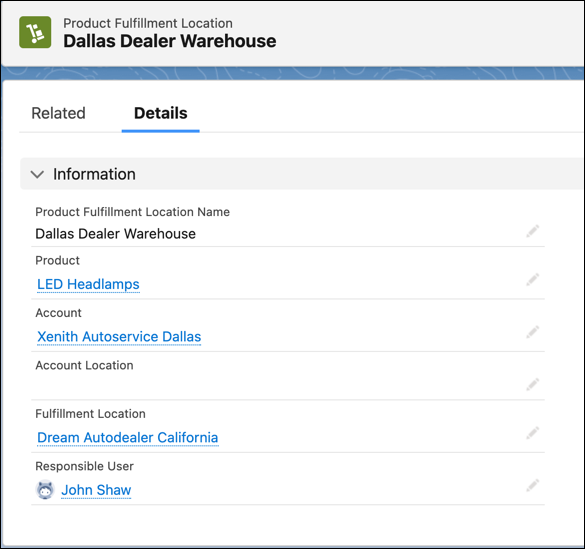 Product Fulfillment Location record.