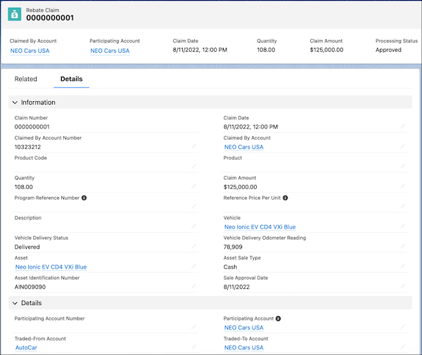A Rebate Claim record reporting sale of a vehicle.