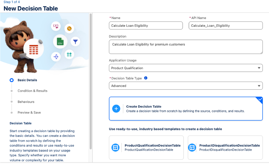 Basic details page of creating a decision table