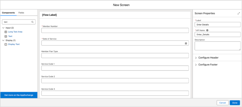 The completed New Screen page with the corresponding screen properties.