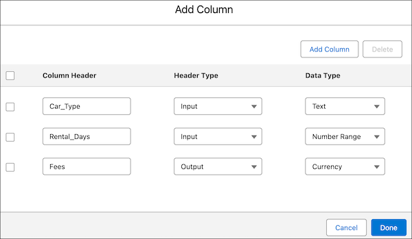 Column headers, header types, and data types for the first version of the grouped matrix