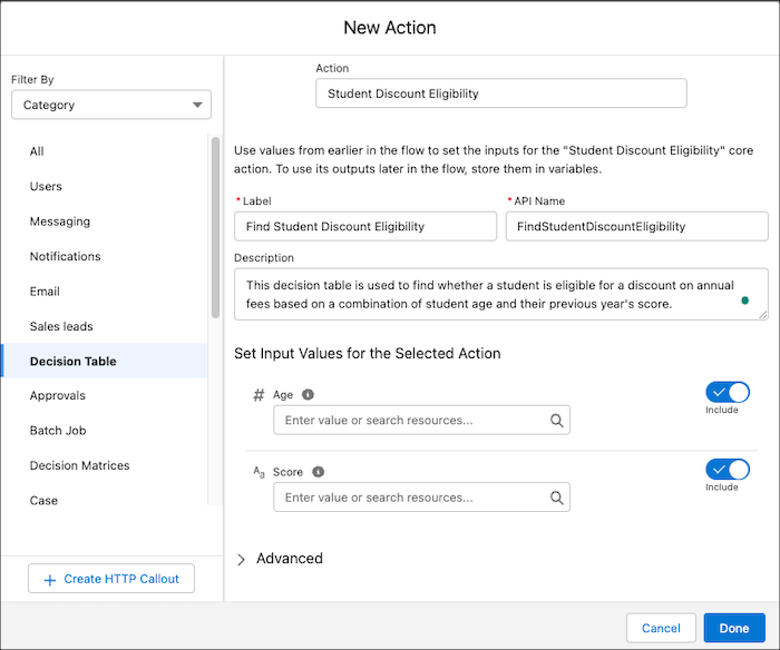 Image showing the New Action window in a flow.