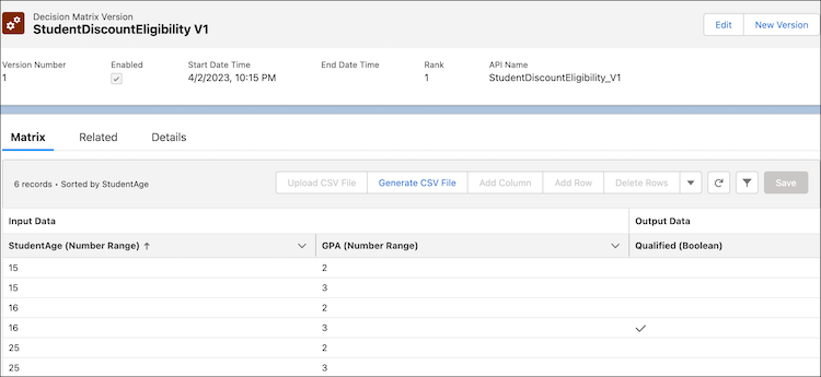 Visual representation of the GoodStudentDiscountEligibility decision matrix on the canvas.