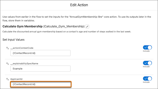 Example of how the variable name is populated in the ApplicantId field.