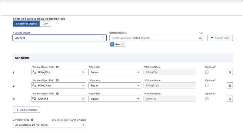 Add condition option for creating a decision table
