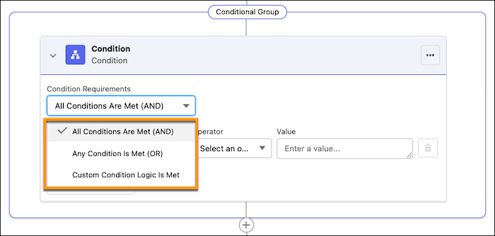 condition requirement selection in conditional group element.