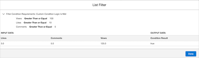 Simulation result from the list filter