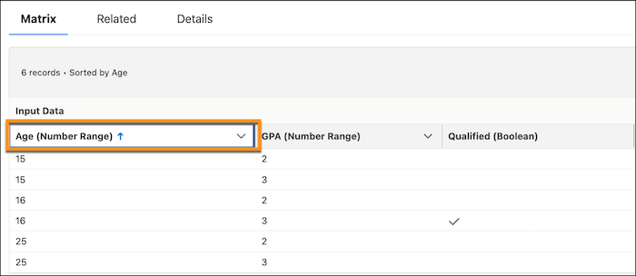 Column headers in a decision matrix.