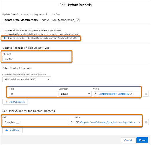 Update record action configuration in flow.