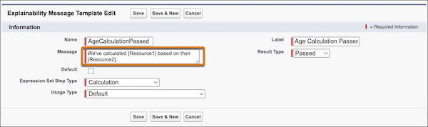 Example of explainability message template that uses tokens.