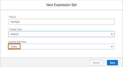 New expression set creation window that shows the selected context definition.