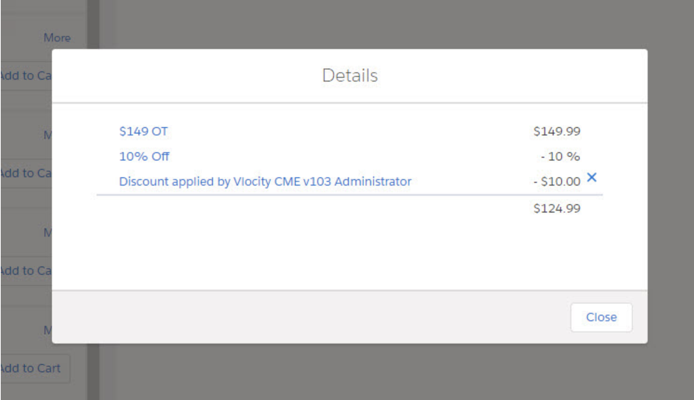 The details dialog in the Industries CPQ Cart that shows the applied price