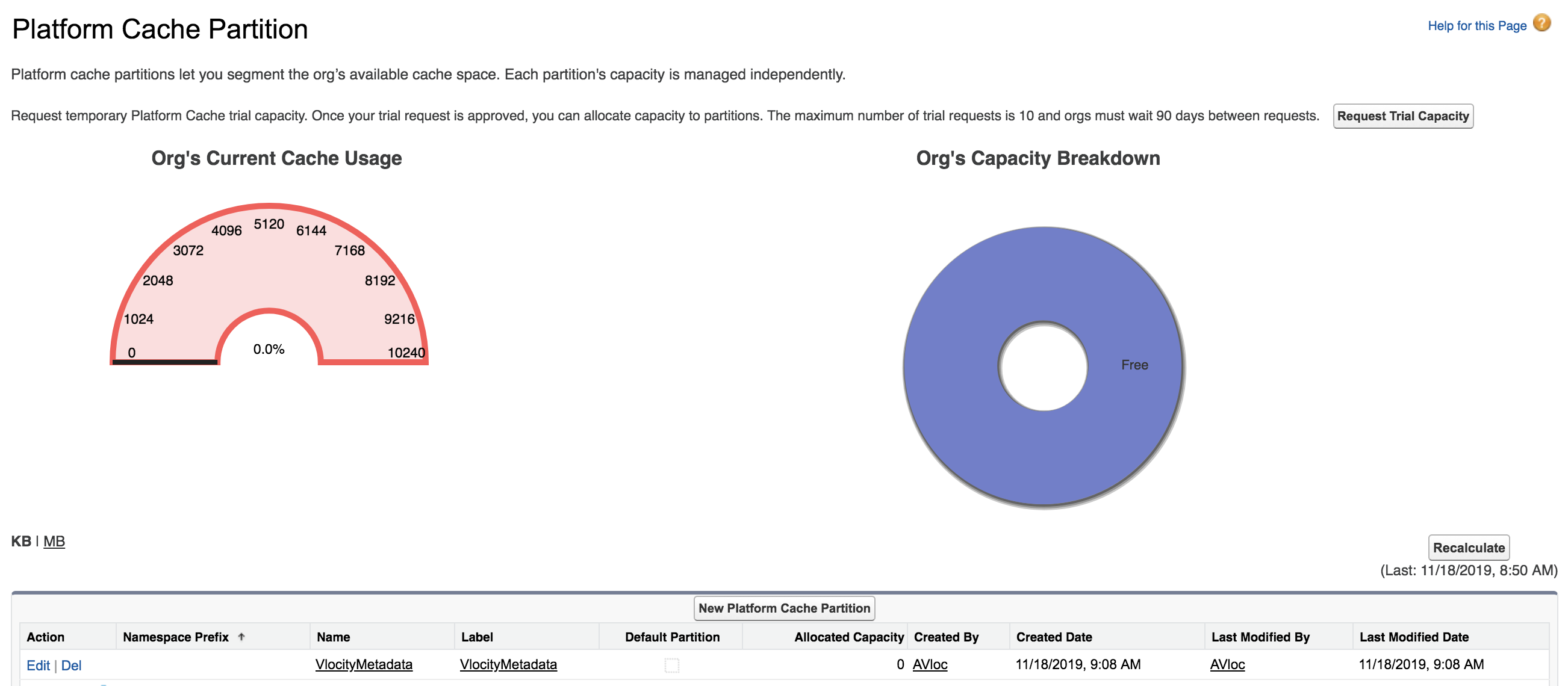 The Platform Cache Partition page lists one partition, named VlocityMetadata.