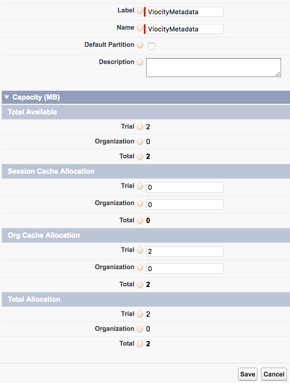 Under Org Cache Allocation, Trial is set to 2.