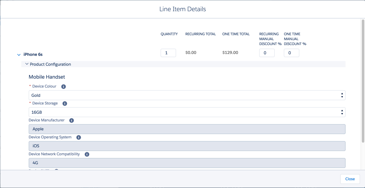 Line Item Details window showing a Mobile Handset product.